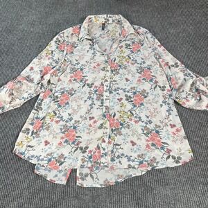 Massini Top Womens 2X White Floral Button Up Shirt Aop‎ Roll Tab Sleeve Comfort